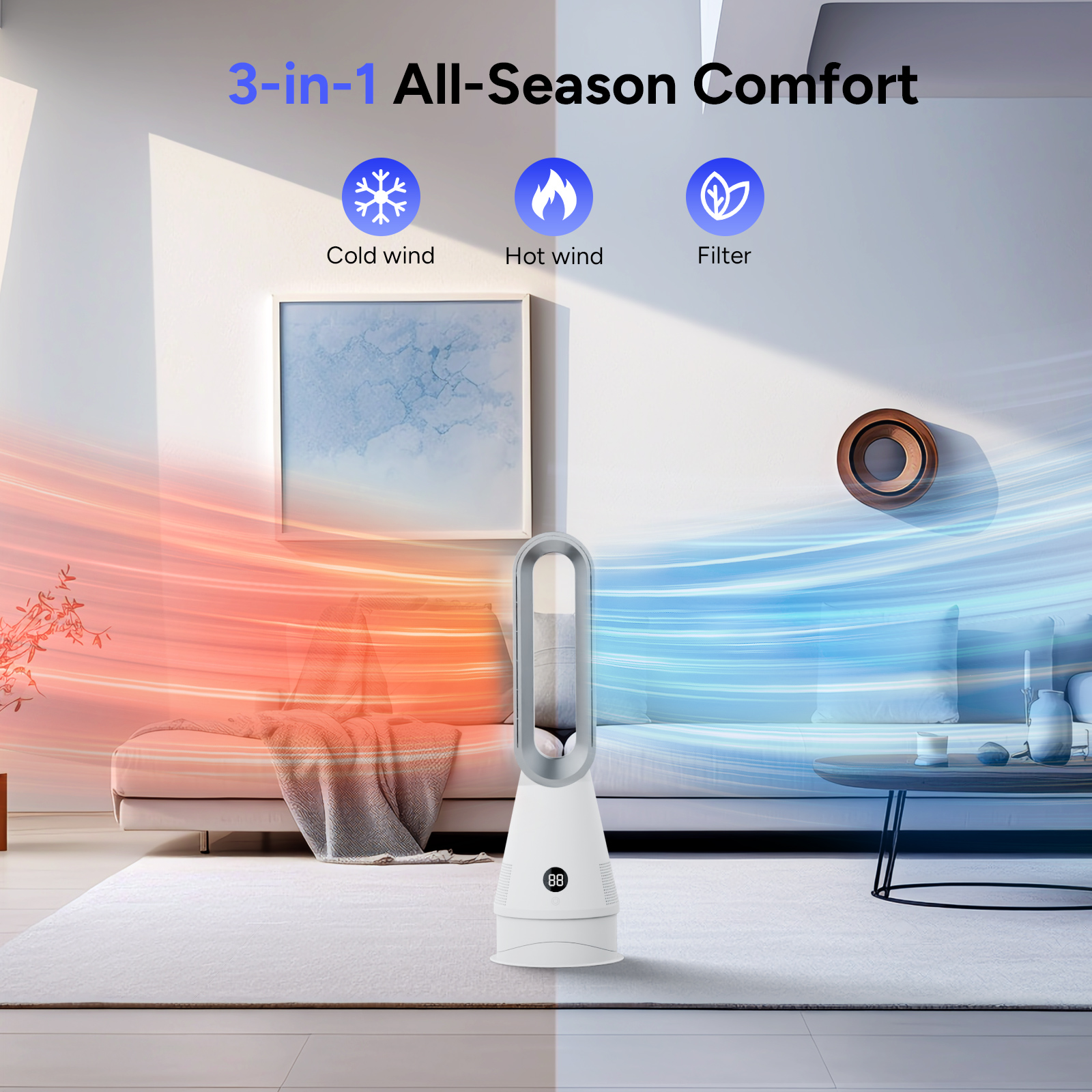 2025 New Design Bladeless Cooling and Heating Floor Fan Remote Control Tower Fan for Household