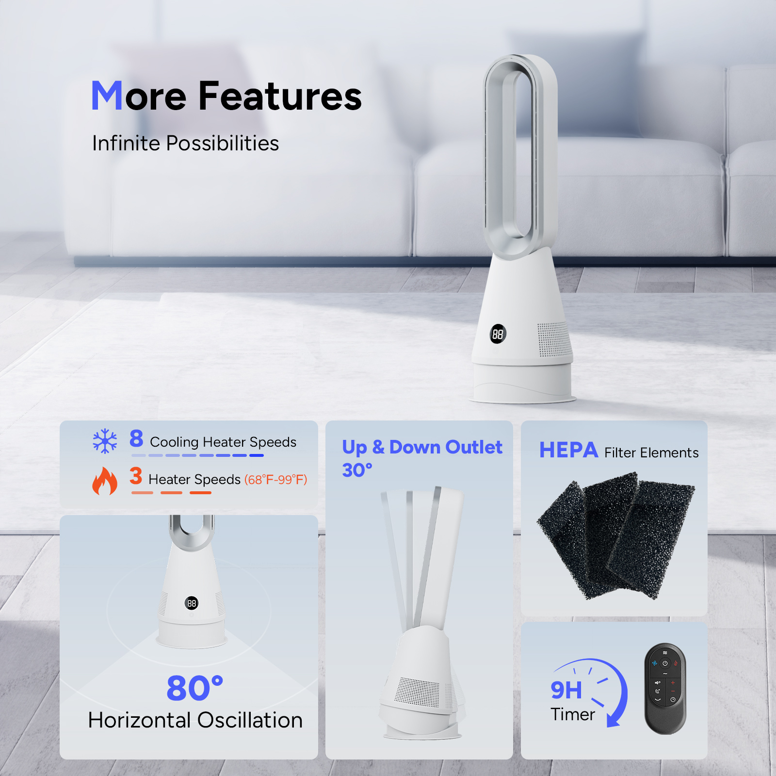 2025 New Design Bladeless Cooling and Heating Floor Fan Remote Control Tower Fan for Household